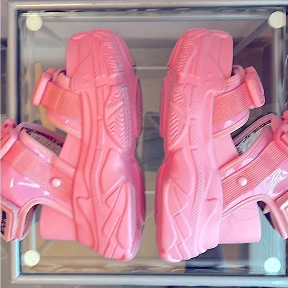 Anthony Wang pink platform wedge buckle sandals patent leather trim size 6.5 - Picture 9 of 13